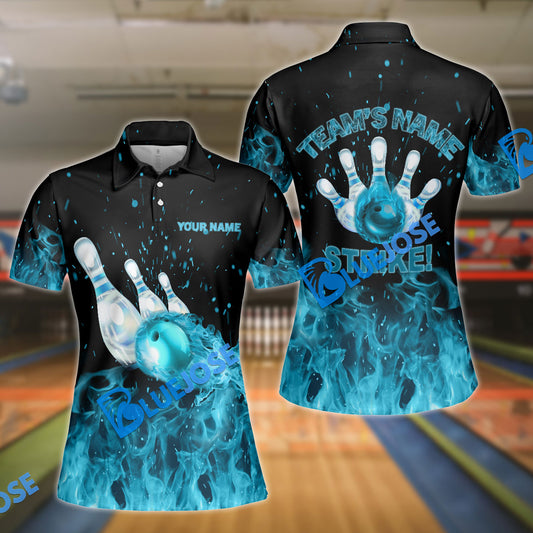 BlueJose Strike Bowling Cyan Flames Personalized All Over Printed Shirt For Women