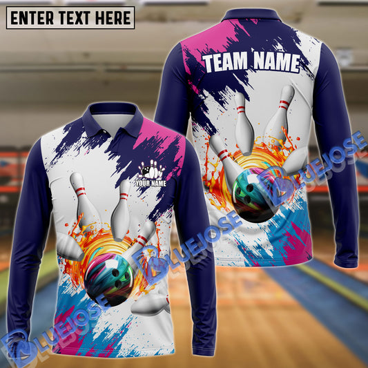 BlueJose Bowling And Pins Blue Pink Customized Name 3D Shirt