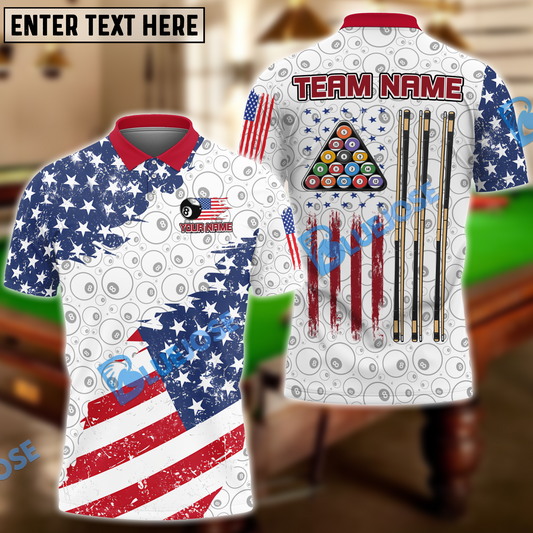 BlueJose Billiards Ball 8 American Flag Pattern Personalized Name Team Name Unisex Shirt