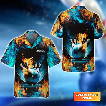 BlueJose Bowling Ball And Pins On Fire Personalized Name Hawaiian Shirts