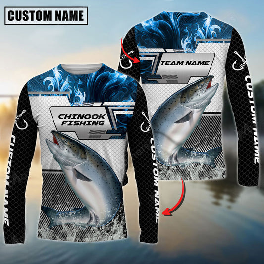 BlueJose Salmon Fishing Blue Flame Smoke Grid Pattern Custom Name & Team Name Shirts