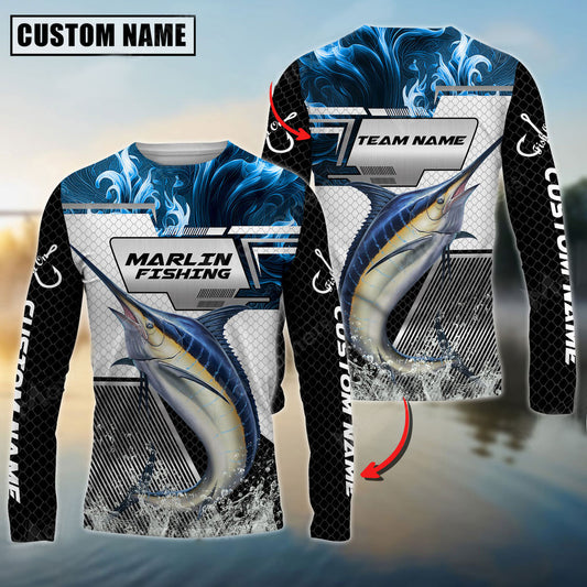 BlueJose Marlin Fishing Blue Flame Smoke Grid Pattern Custom Name & Team Name Shirts