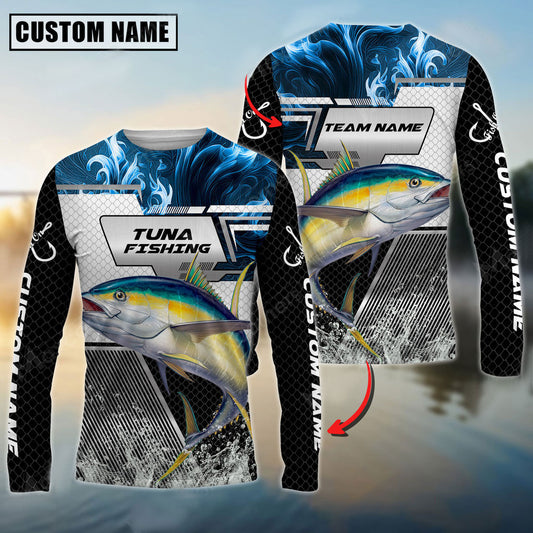 BlueJose Tuna Fishing Blue Flame Smoke Grid Pattern Custom Name & Team Name Shirts