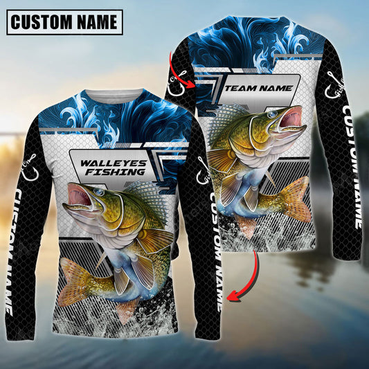 BlueJose Walleye Fishing Blue Flame Smoke Grid Pattern Custom Name & Team Name Shirts