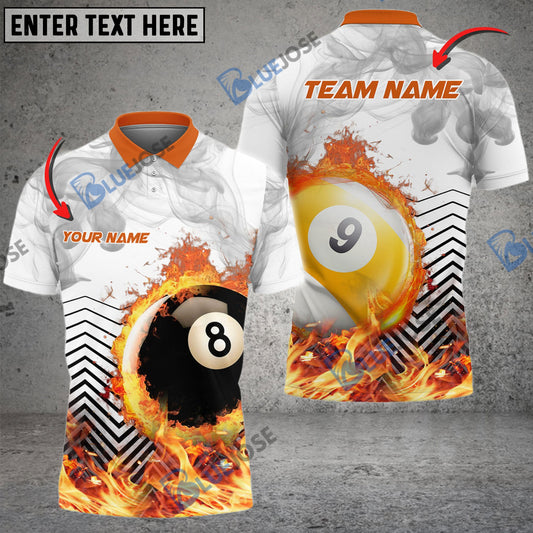 BlueJose Billiards Ball 8 And 9 White Fire Flame Smoke Personalized Name, Team Name Shirt (4 Colors)