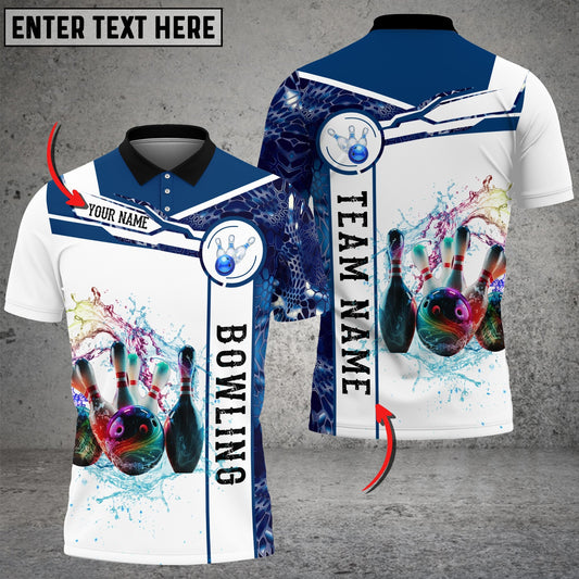 BlueJose Blue And White Bowling Water Ball And Pins Customized Name 3D Shirt