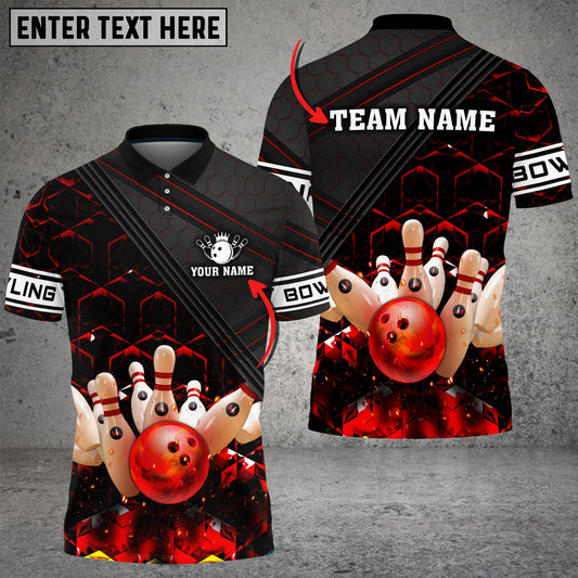 BlueJose Black And Red Bowling Hexagon Pattern Customized Name 3D Shirt