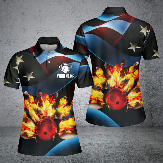 BlueJose Bowling Ball And Pins Flame USA Flag Pattern Customized Name 3D Shirt, Personalized Shirts For Bowling Players