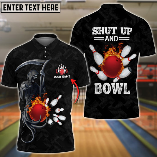 BlueJose Bowling And Pins Flame Black Skull Pattern Premium Customized Name 3D Shirt