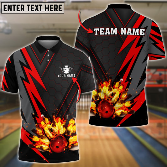 BlueJose Bowling Ball And Pins Flame Red Thunder Pattern Premium Customized Name 3D Shirt