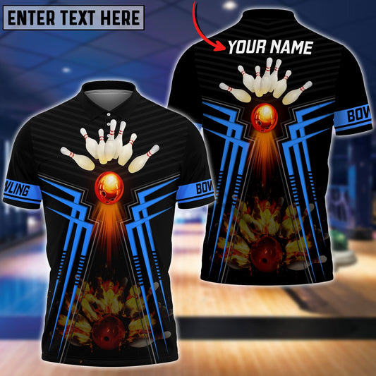 BlueJose Blue Bowling Ball And Pins Flame Premium Customized Name 3D Shirt