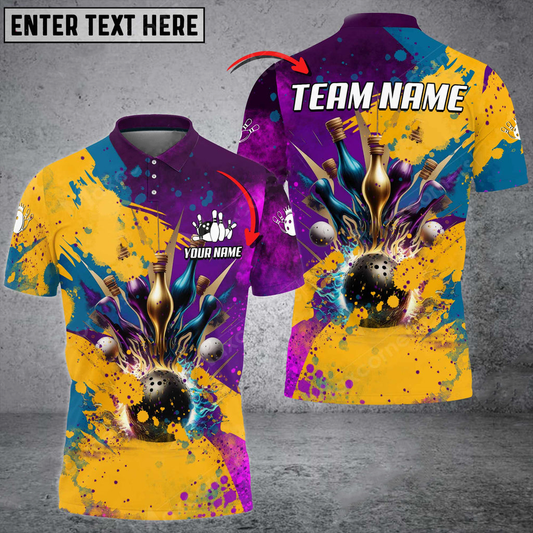 BlueJose Bowling And Pins Water Color Pattern Customized Name, Team Name 3D Shirt