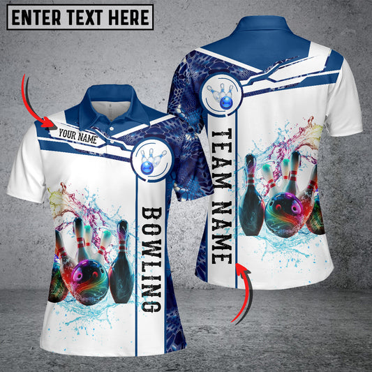 BlueJose Blue And White Bowling Water Ball And Pins Customized Name 3D Shirt For Women, Personalized Shirts For Bowling Players