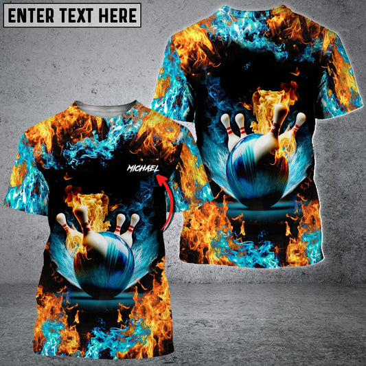 BlueJose Blue Bowling Ball And Pins On Fire Customized Name 3D Shirt, Personalized Shirts For Bowling Players