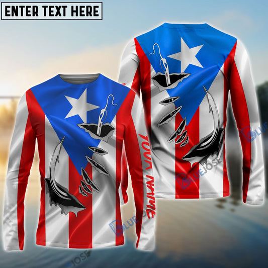 Bluejose Puerto Rico Fishing 3D Fish Hook Flag Quick Dry Custom Name Long Sleeves Shirts Personalized Patriotic Fishing Gifts
