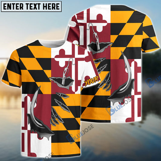 Bluejose Maryland Flag 3D Fish Hook Custom Long Sleeve Performance Fishing Shirts