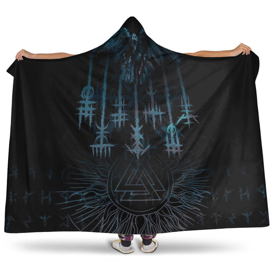 VikingStyle Hooded Blanket -Raven and Valknut Cyan Style Hooded Blanket A94