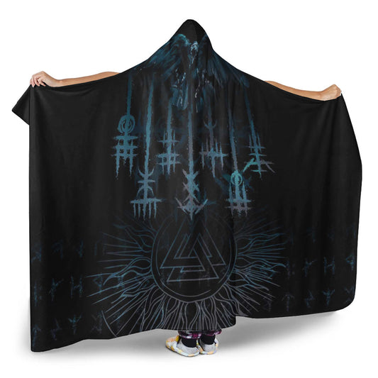 VikingStyle Hooded Blanket -Raven and Valknut Cyan Style Hooded Blanket A94