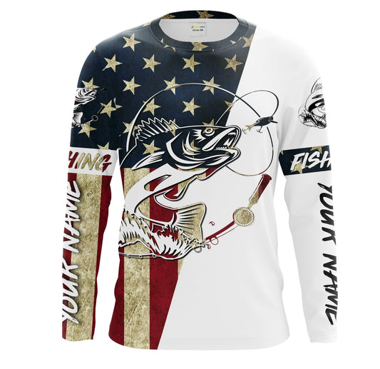Bluejose Walleye Fishing American Flag Custom Long Sleeve Fishing Shirts, Personalized Patriotic Fishing Gifts Clothing