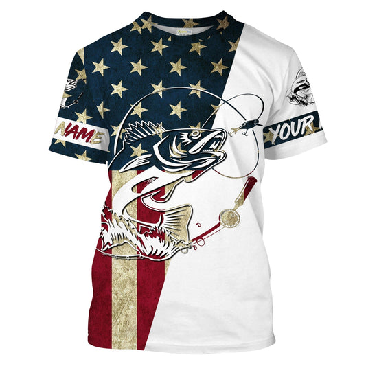 Bluejose Walleye Fishing American Flag Custom Long Sleeve Fishing Shirts, Personalized Patriotic Fishing Gifts Clothing