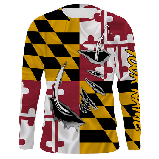 Bluejose Maryland Flag 3D Fish Hook Custom Long Sleeve Performance Fishing Shirts
