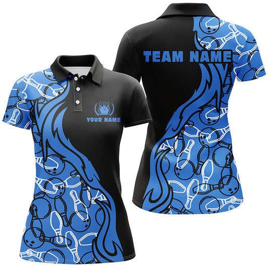 BlueJose Black And Blue Pattern Bowling Ball And Pins Premium Customized Name 3D Shirt For Women