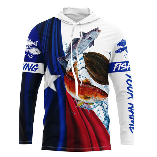 Bluejose Texas Slam Flag Patriotic Redfish, Trout, Flounder Fishing Custom Long Sleeve