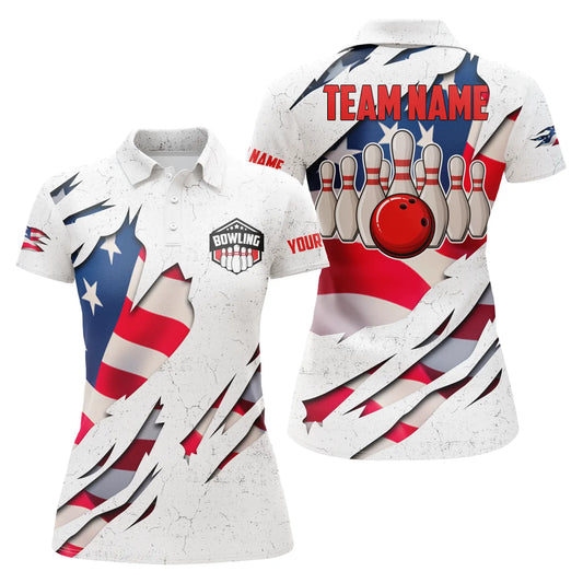 BlueJose American Flag Patriotic Bowling Ball & Pins White Personalized All Over Printed Shirt For Women