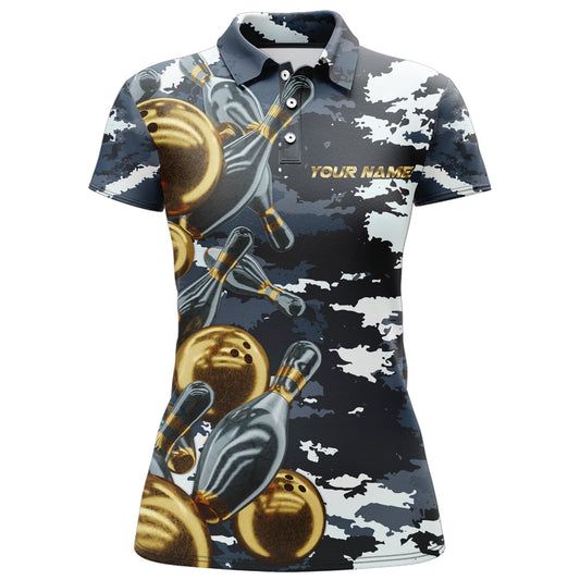 BlueJose Camo Navy Bowling Personalized All Over Printed Shirt For Women Personalized Shirts For Bowling Players