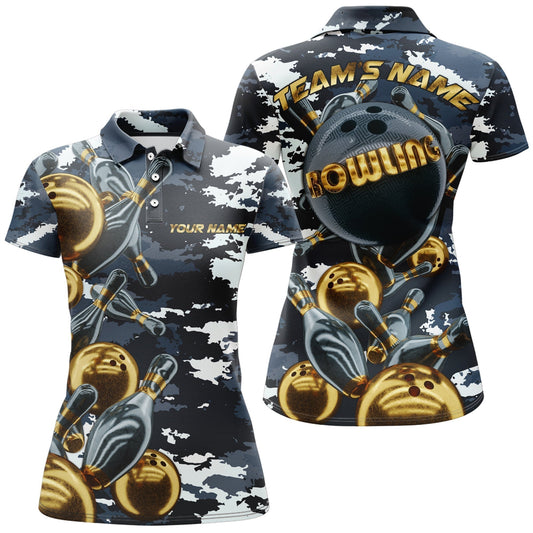 BlueJose Camo Navy Bowling Personalized All Over Printed Shirt For Women Personalized Shirts For Bowling Players