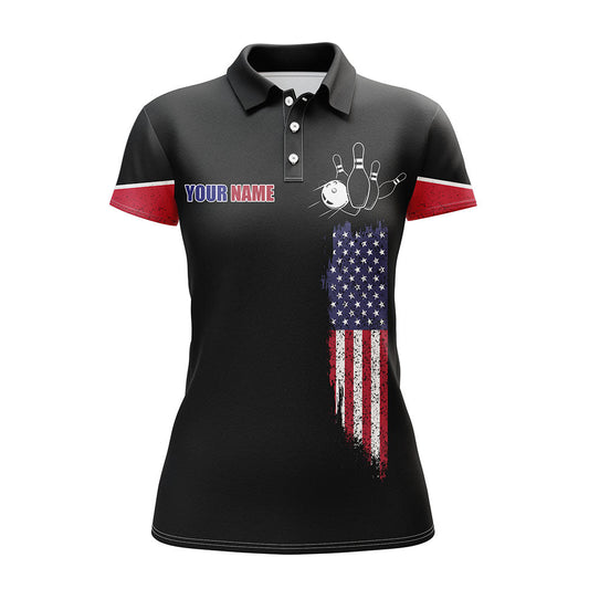 BlueJose Bowling Black American Flag Customized Name All Over Printed Shirt For Women