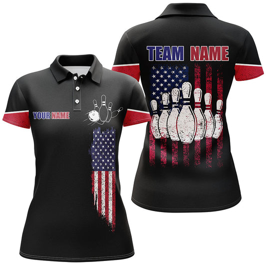 BlueJose Bowling Black American Flag Customized Name All Over Printed Shirt For Women