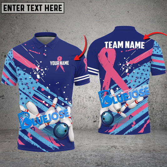 BlueJose Bowling Pink Ribbon American Flag Pattern Customized Name, Team Name 3D Shirt