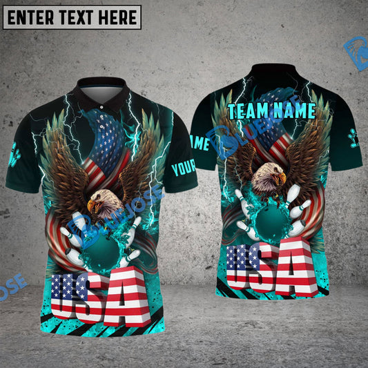 BlueJose Bowling And Pins American Eagle Fire And Thunder Multicolor Customized Name Shirt (4 Colors)