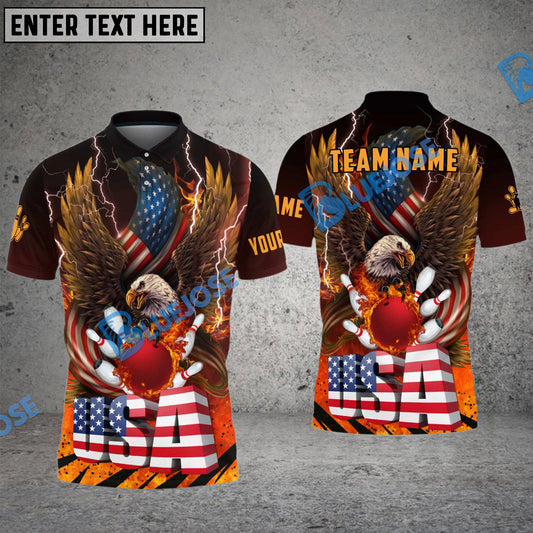 BlueJose Bowling And Pins American Eagle Fire And Thunder Multicolor Customized Name Shirt (4 Colors)