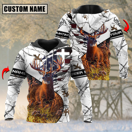 BlueJose White Wilderness Deer Hunting Personalized Name 3D Shirt