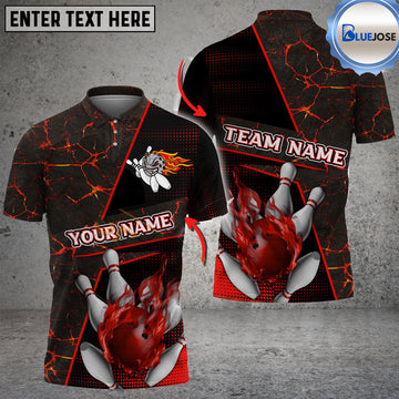 BlueJose Bowling And Pins Flame Magma Pattern Customized Name 3D Shirt (4 Colors)