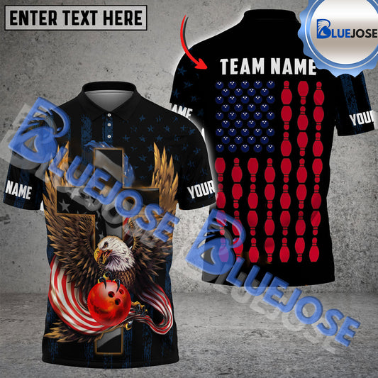 BlueJose Bowling Eagle American Flag Pattern Crosss Customized Name, Team Name 3D Shirt