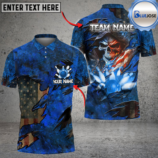 BlueJose Bowling And Pins Skull American Flag Multicolor Customized Name 3D Shirt ( 4 Colors )
