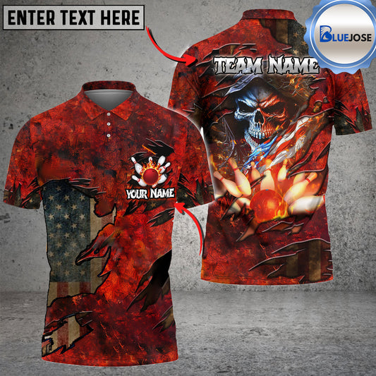 BlueJose Bowling And Pins Skull American Flag Multicolor Customized Name 3D Shirt ( 4 Colors )