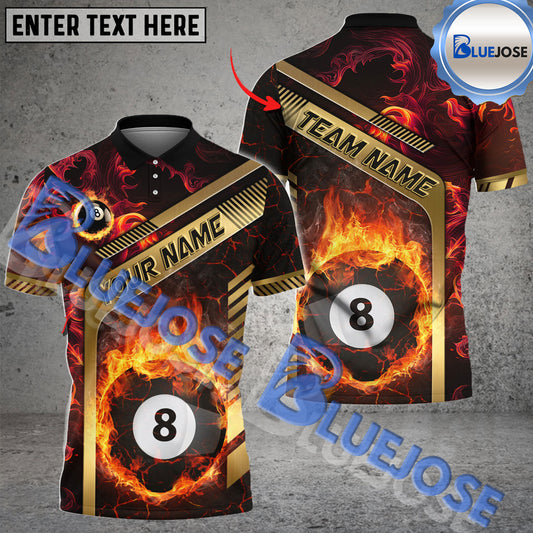 BlueJose Billiards Ball 8 Flame Golden Line Premium Personalized Name Shirt (4 Colors)