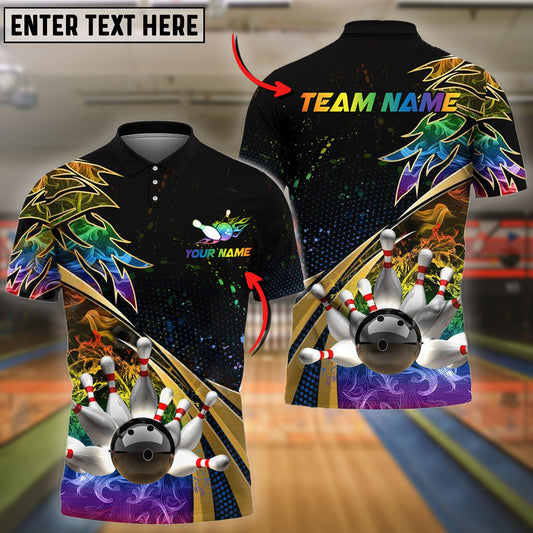 BlueJose Bowling And Pins Flame Premium Golden Line Customized Name 3D Shirt ( 6 Colors)