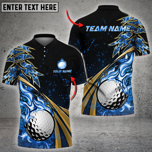 BlueJose Golf Fire Golden Line Premium Multicolor Option Customized Name, Team Name 3D Polo Shirt (6 Colors)
