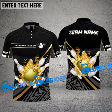 BlueJose Bowling And Pins Grunge Flame  Multicolor Customized Name 3D Shirt ( 4 Colors )