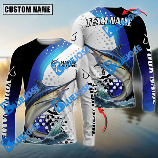 Bluejose Marlin Fishing Jersey Blue Camo Pattern Personalized Name And Team Name Long Sweat Shirt