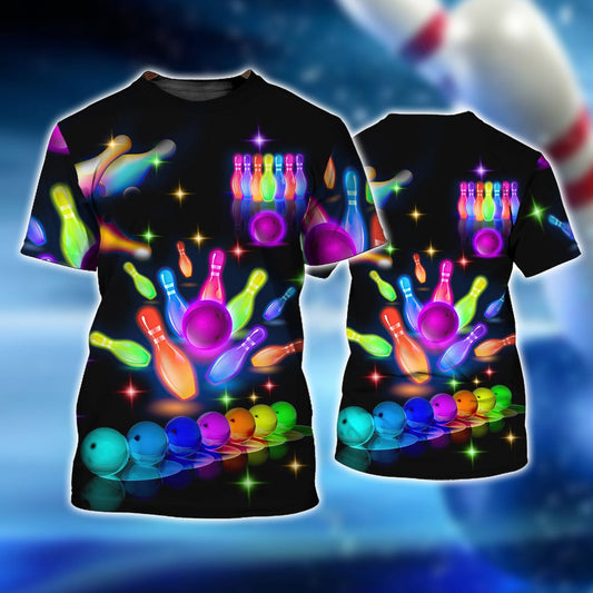 BlueJose Bowling Party Neon with Purple Balls and White Pins on the Bright Pink 3D Shirt