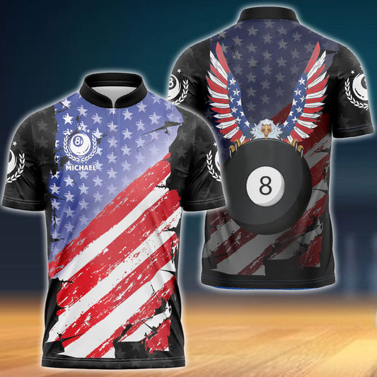 BlueJose Ball 8 Eagle USA Flag Billiard Custom Name Zipper Polo Shirt