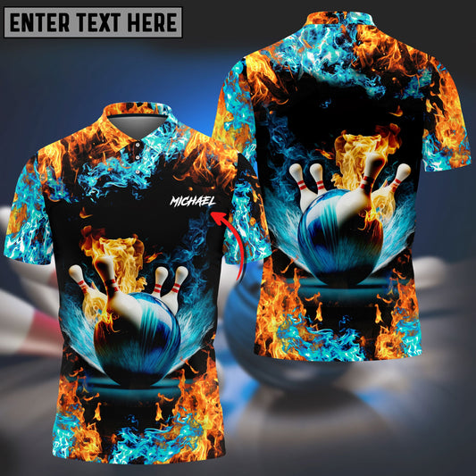 BlueJose Blue Bowling Ball And Pins On Fire Customized Name 3D Shirt