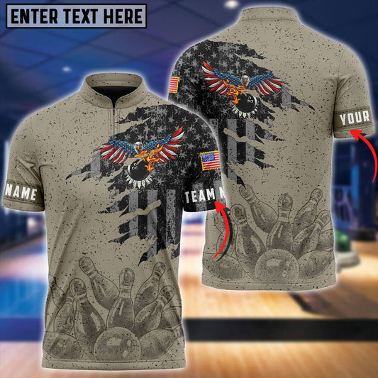 BlueJose Bowling Eagle Retro American Flag Pattern Customized Name, Team Name 3D Shirt