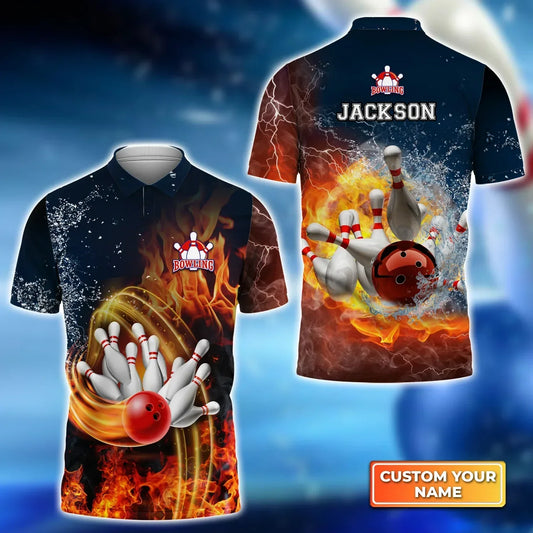 BlueJose Bowling Fire and Water Pattern Customized Name 3D Shirt